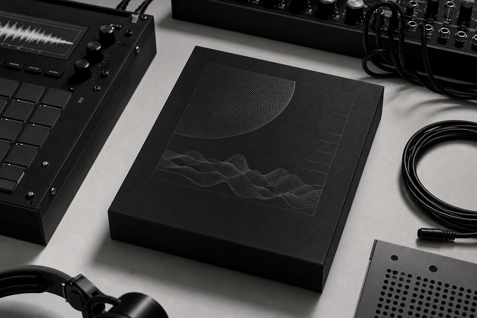 Refined sample-pack cover and hardware-adjacent still-life composition in monochrome tones with geometric sound motifs