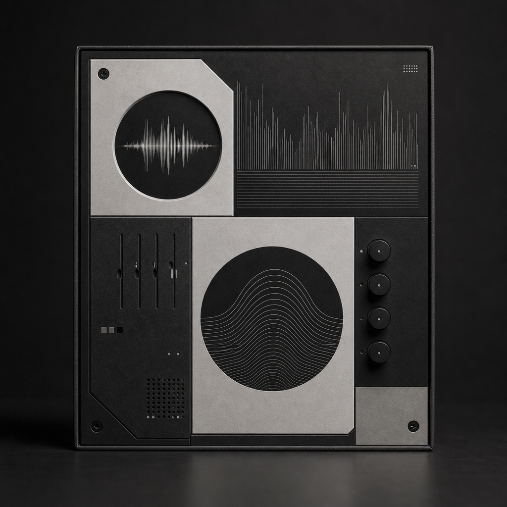 Monochrome hardware-inspired sample pack artwork with refined geometric audio motifs and tactile panel styling