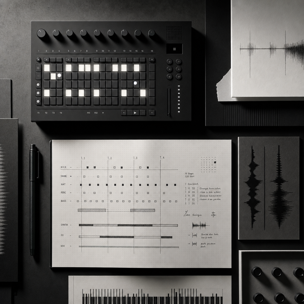 Monochrome editorial composition with sequencer grids, handwritten notes, and geometric audio forms