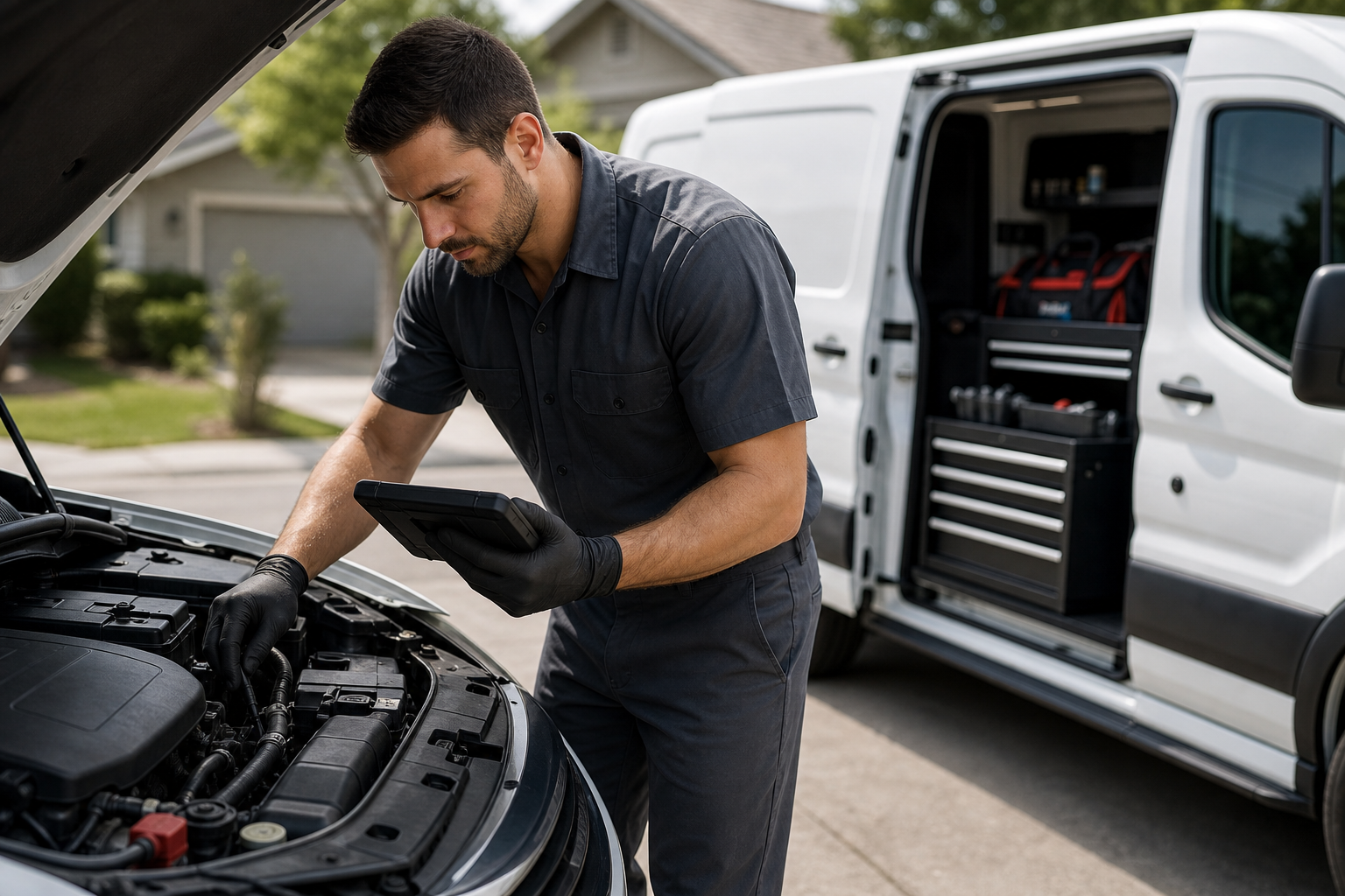 Mobile mechanic in a clean uniform inspecting a car engine beside a branded service truck in a residential driveway