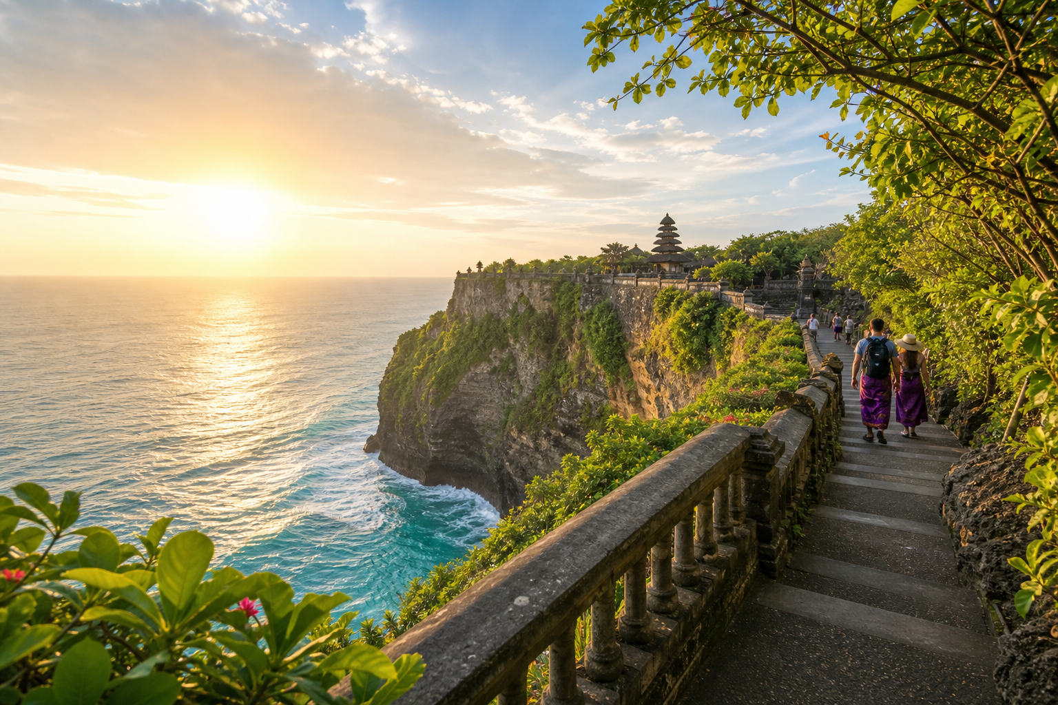 Sunrise view from a Bali cliffside walkway overlooking the ocean and temple silhouette
