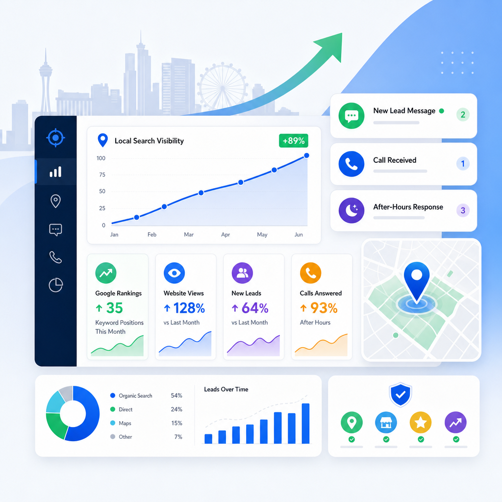 Clean dashboard-style illustration showing local search growth, incoming lead messages, and conversion trends