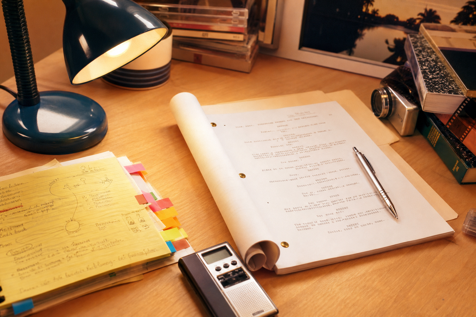 Bright, nostalgic photo of a creative desk with a script, film notes, and a blue desk lamp