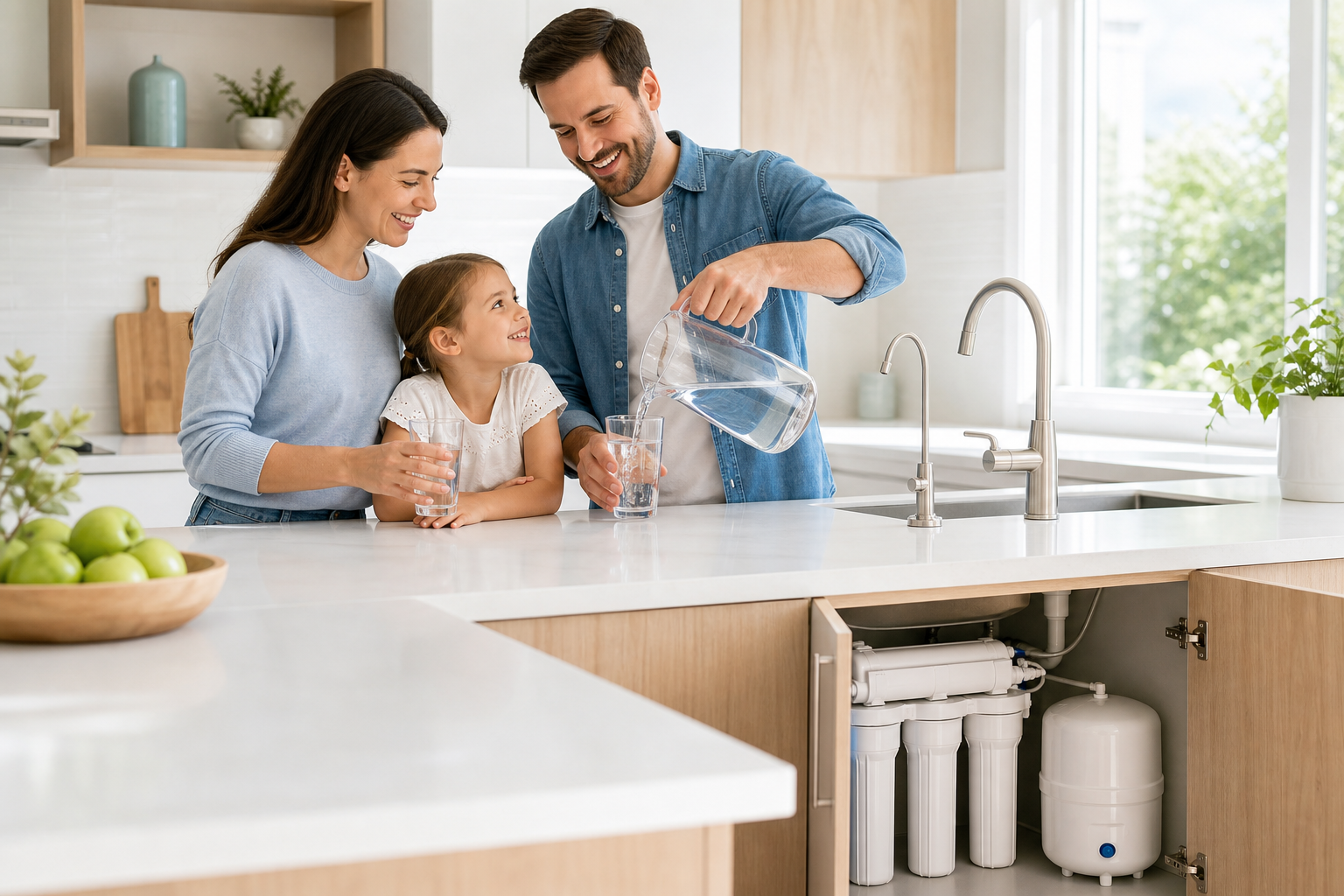 Smiling family in a bright kitchen pouring clear filtered water into a glass with a modern under-sink filter visible