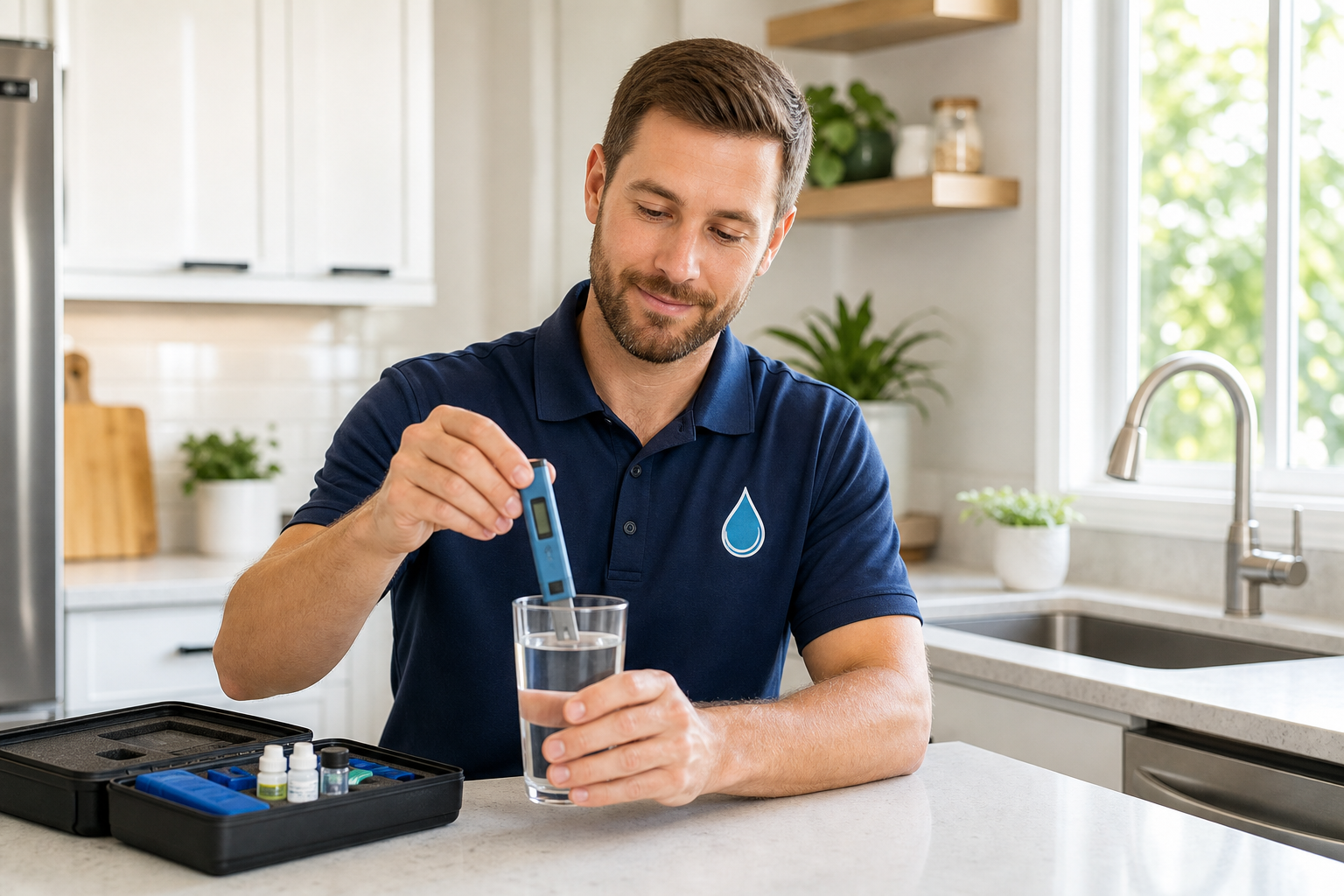 A friendly water specialist testing a glass of tap water in a bright home kitchen