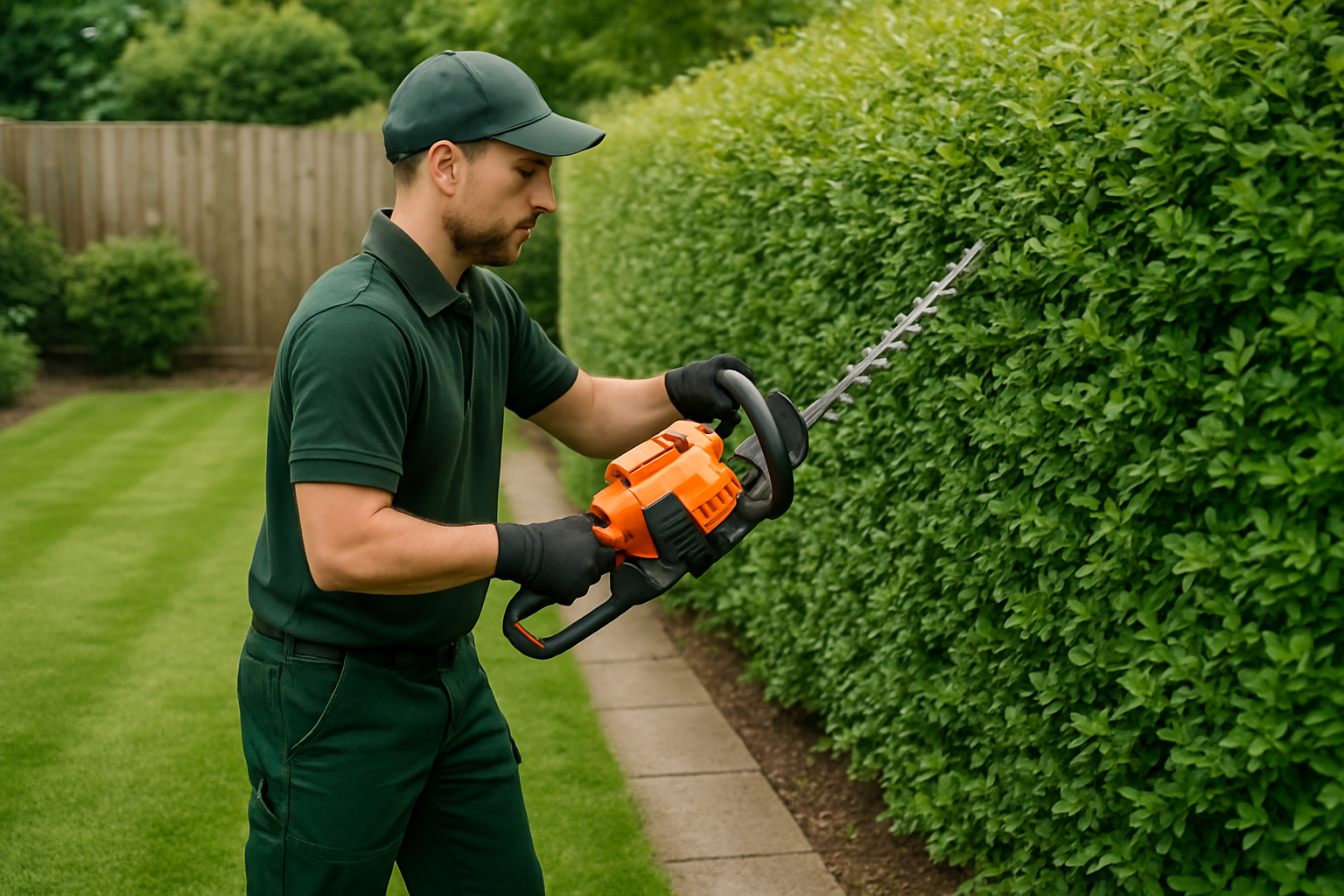 Local gardener trimming hedges and tidying a residential garden in Manchester