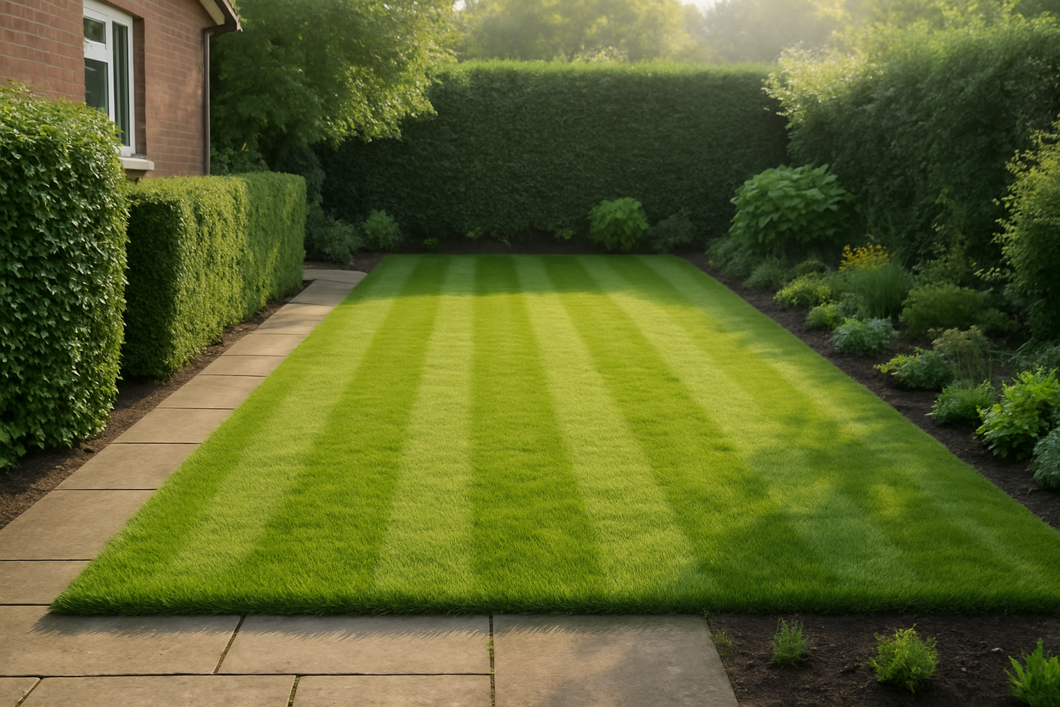 Neat, well-kept Manchester back garden with striped lawn, trimmed hedges, and tidy patio planting