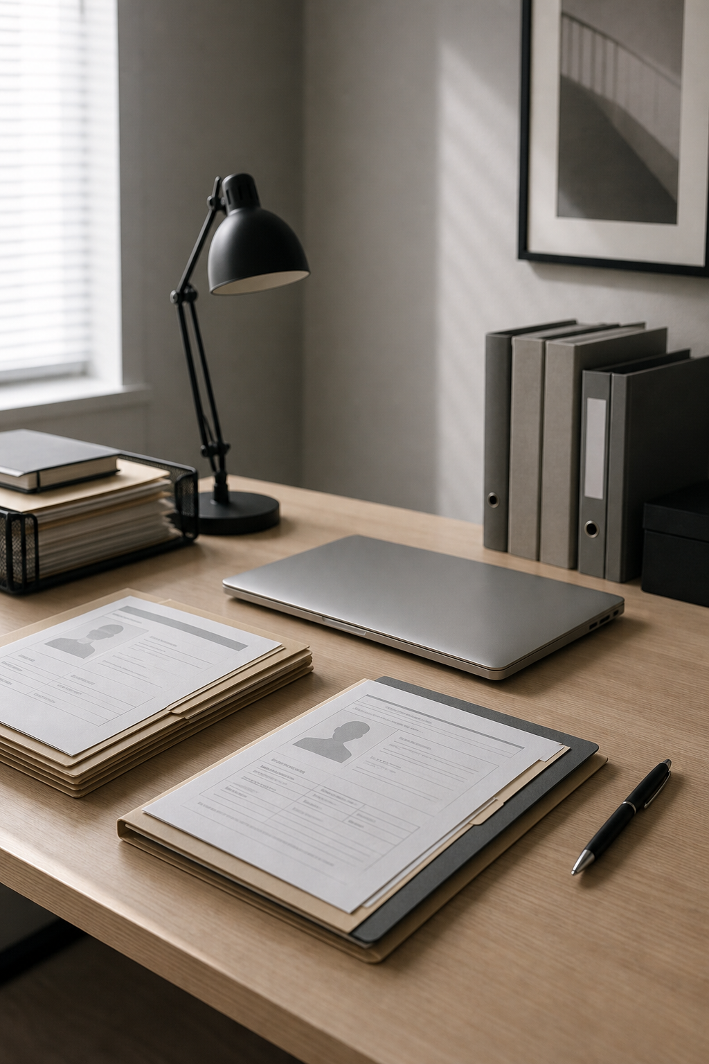 Calm professional workspace with organized identity documents, a closed laptop, and neutral office materials in soft natural light