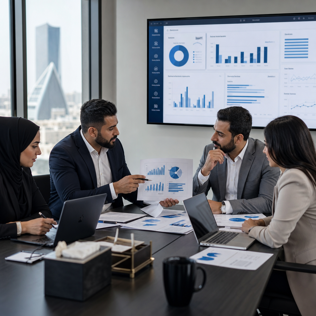 فريق استشاري محترف يناقش رحلة العميل ويحلل بيانات تجربة العملاء في غرفة اجتماعات حديثة