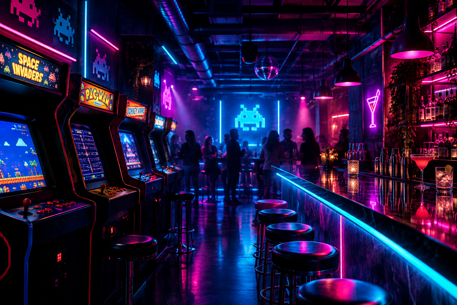 Moody retro arcade bar interior with neon cyan and magenta lights, classic game cabinets, and a polished cocktail bar glowing in the background