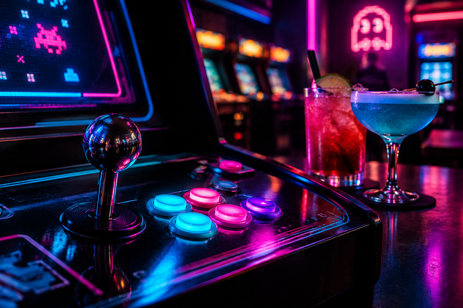 Close-up of glowing arcade joystick, illuminated game buttons, and cocktails under neon signage