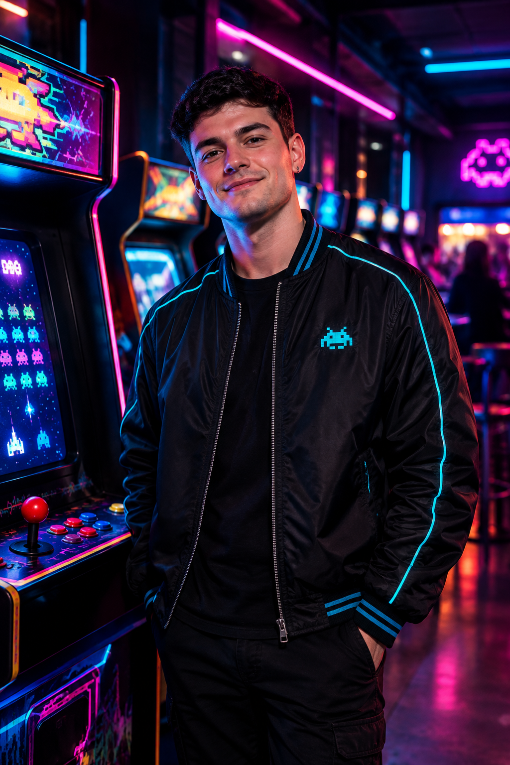 Arcade floor host in a black bomber jacket with neon cyan trim standing beside glowing retro cabinets