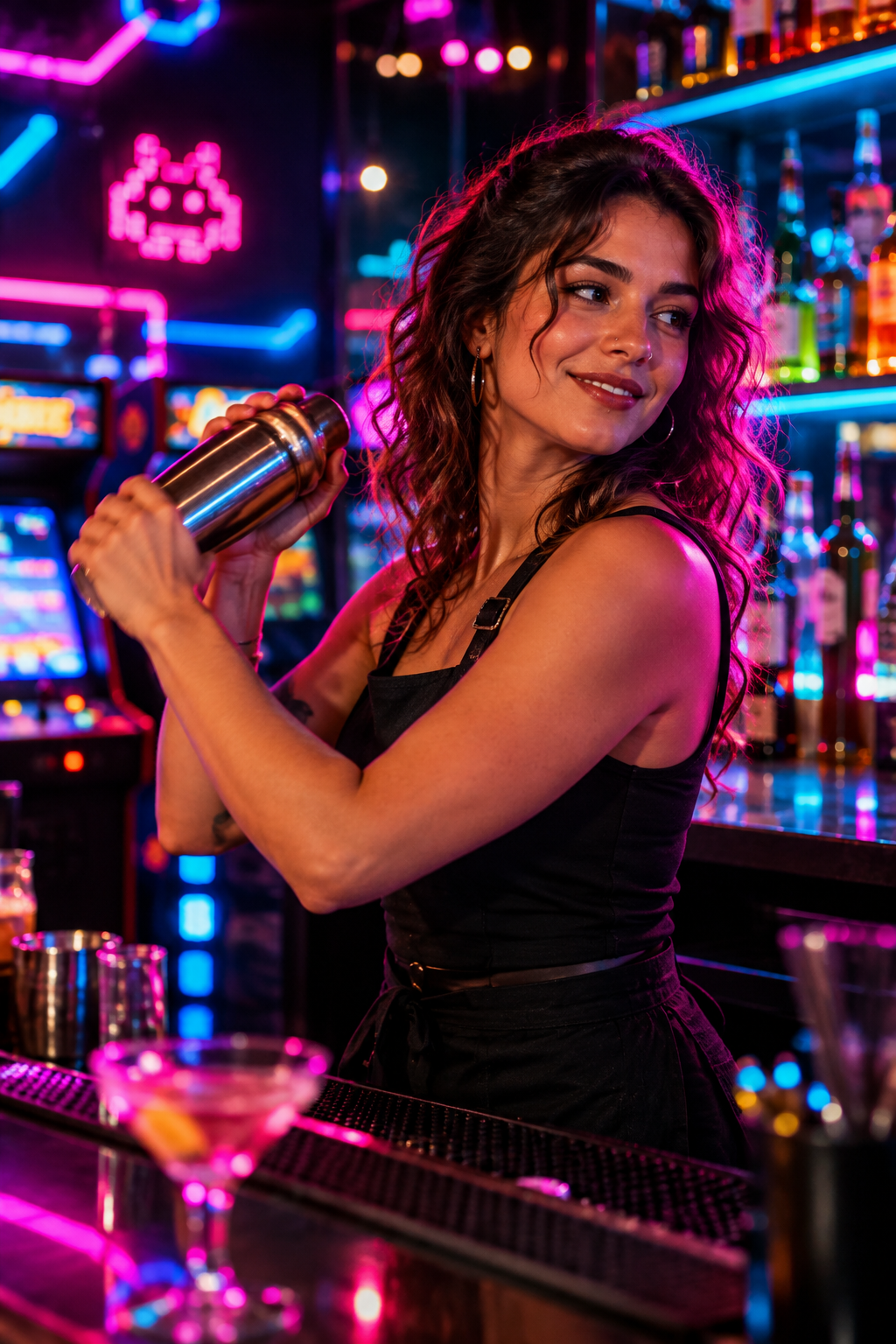 Craft bartender with magenta highlights shaking a chrome cocktail shaker under neon bar lights