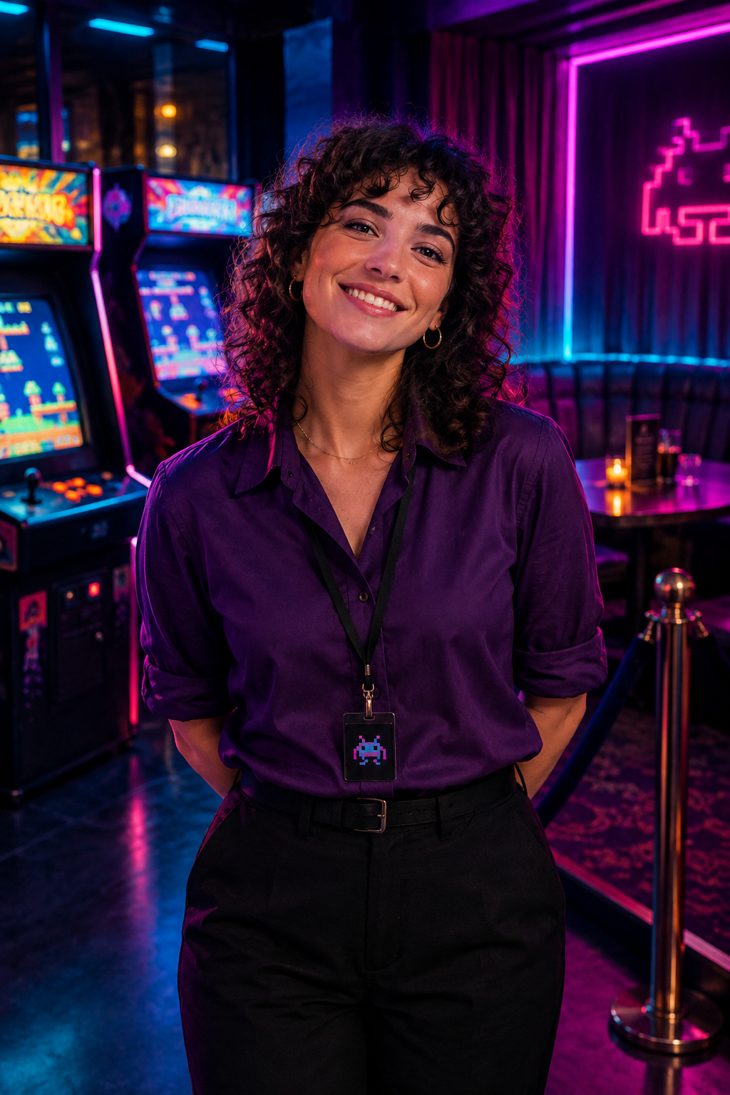 Event host in a deep purple shirt smiling in front of a lit private party lounge with arcade machines