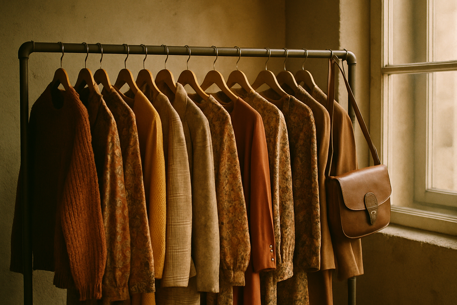 Warm, nostalgic boutique scene with vintage garments