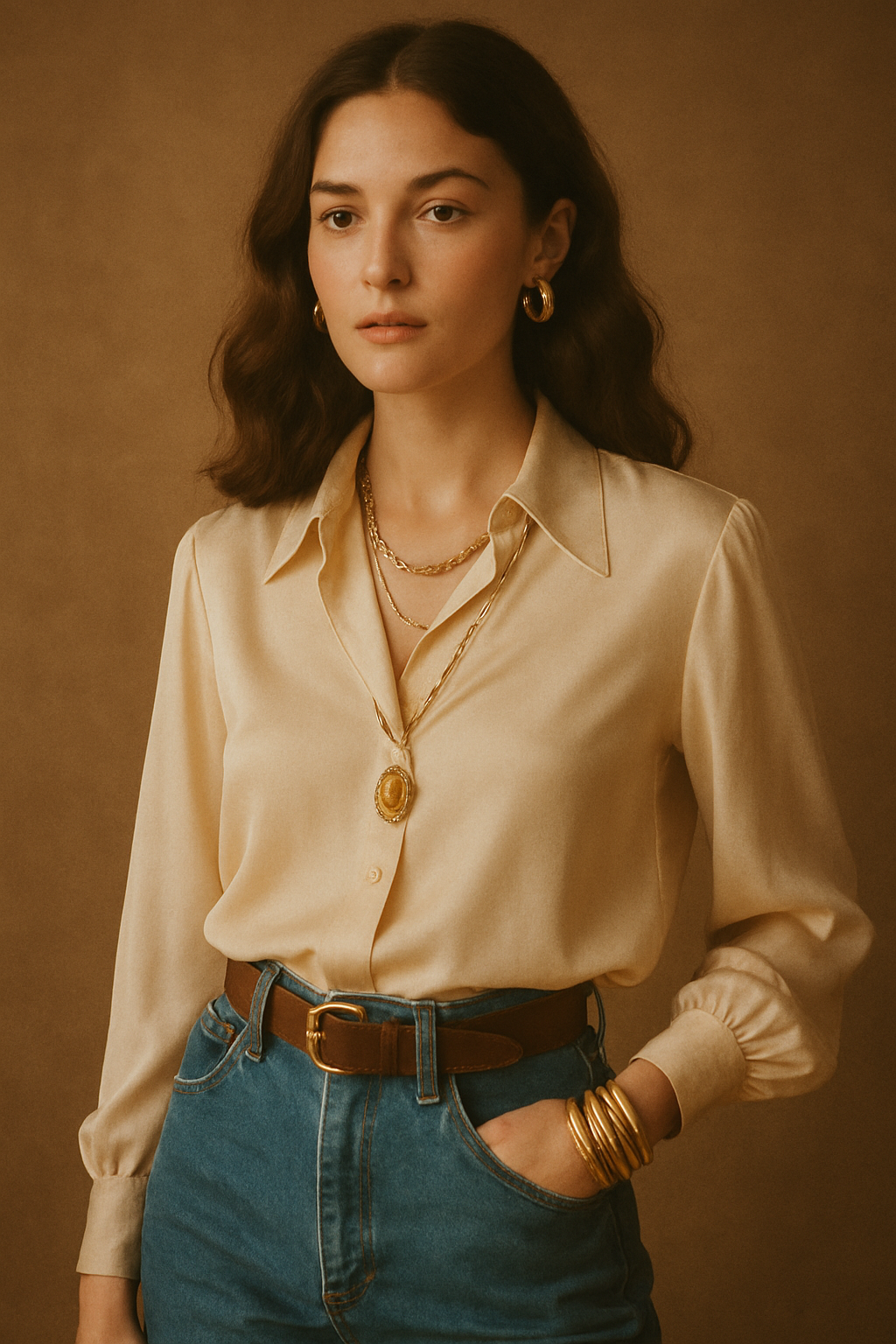 Model in curated 70s and 80s vintage outfit shot on warm film