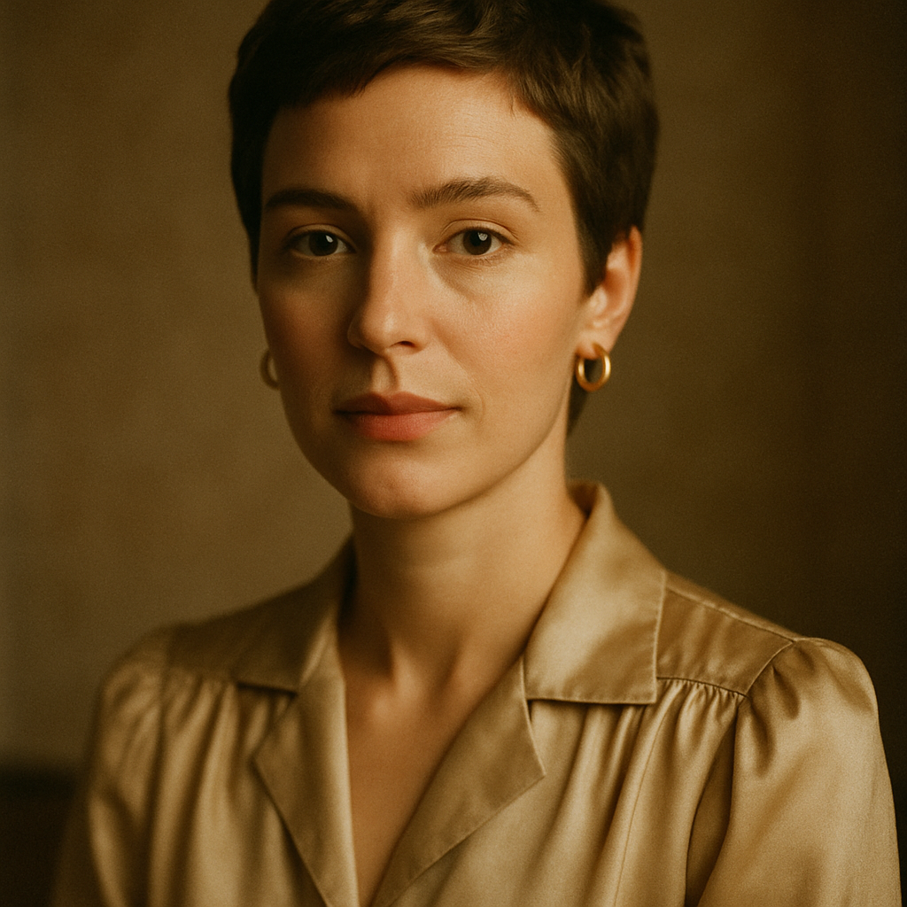 Portrait of a woman with short hair and hoop earrings