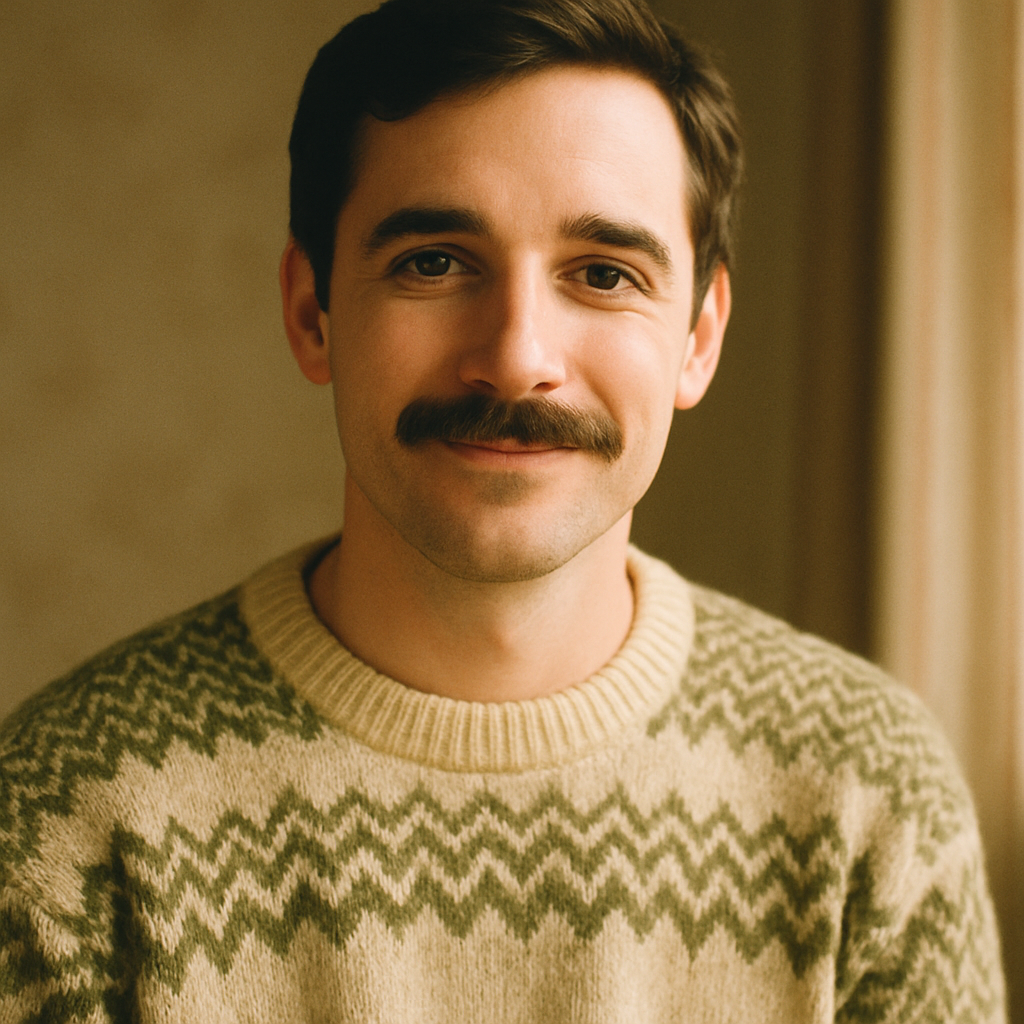 Portrait of a man with a mustache and warm expression