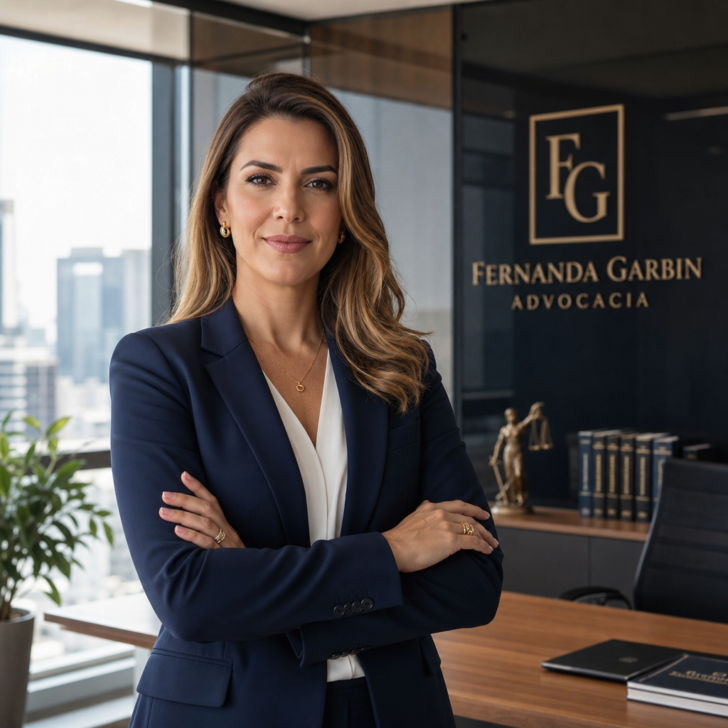 Advogada brasileira em escritório corporativo moderno, com postura confiante e ambiente institucional elegante