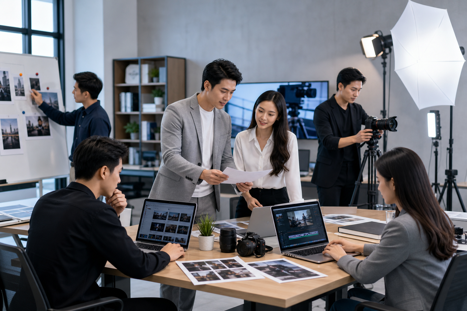 Modern media studio workspace with a professional team preparing communications materials