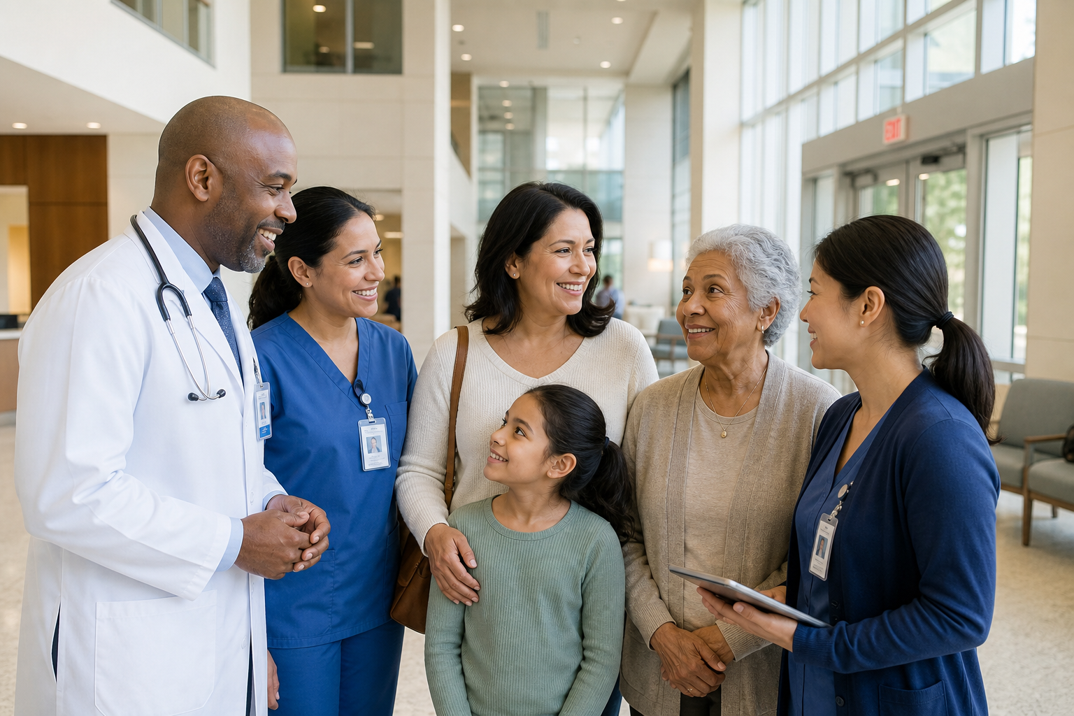 Diverse American healthcare professionals supporting a family in a bright New Jersey hospital lobby
