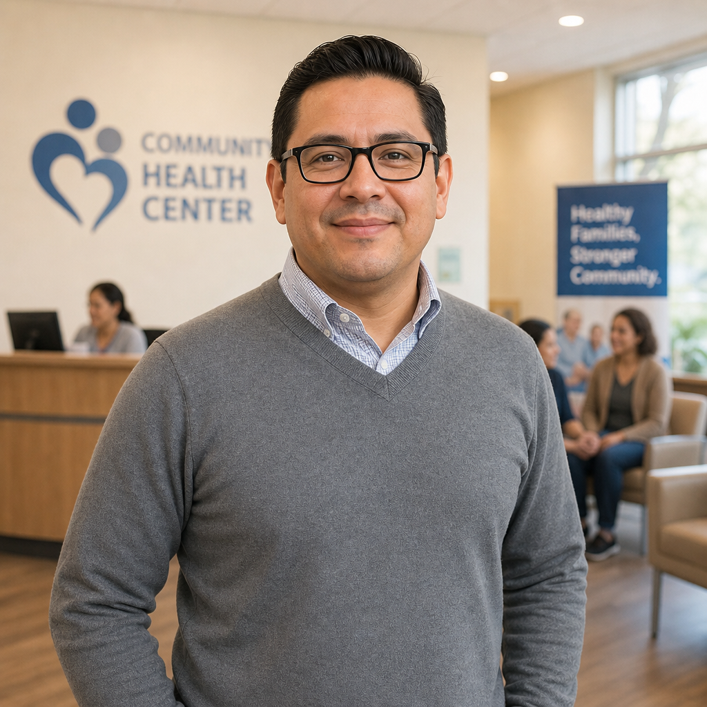 Portrait of a Latino American man with short black hair and glasses wearing a gray sweater, standing in a community clinic lobby