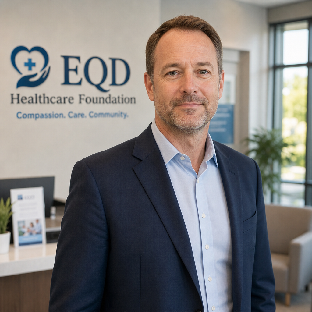 Portrait of Kevin J Smith, middle-aged white American man with short brown hair in a navy suit and light blue shirt, professional healthcare nonprofit setting