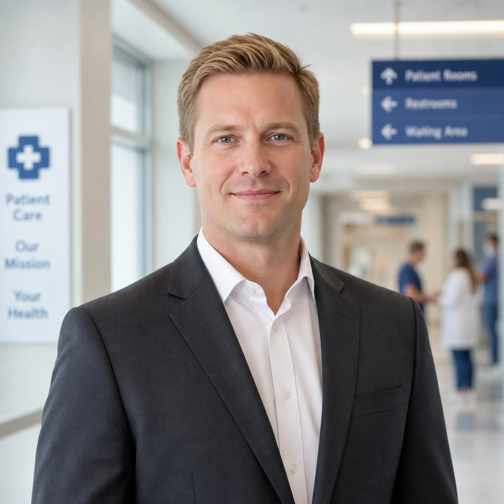 Portrait of a white American man with short blond hair wearing a charcoal suit, standing in a hospital corridor