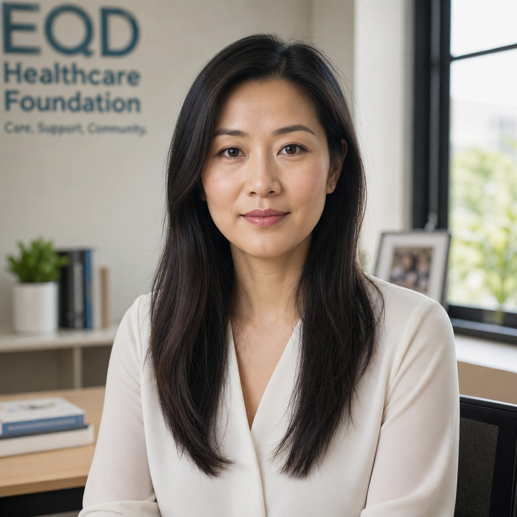 Portrait of an Asian American woman with long straight dark hair wearing a white blouse, professional nonprofit office