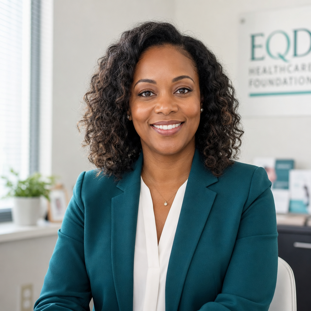 Portrait of a Black American woman with shoulder-length curly hair wearing a teal blazer, smiling in a healthcare office