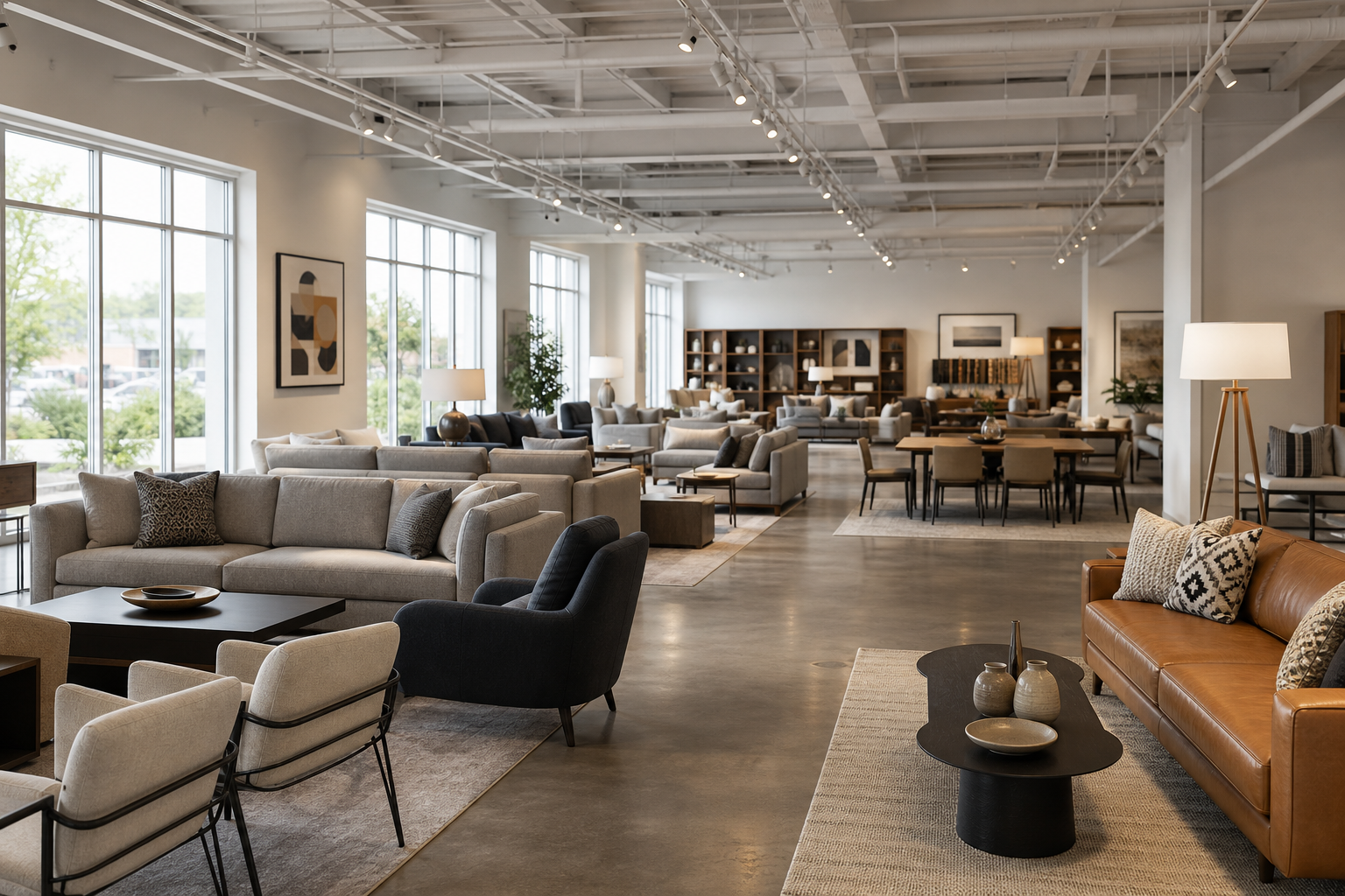 Professional furniture showroom with curated seating and lighting in a clean wholesale display environment