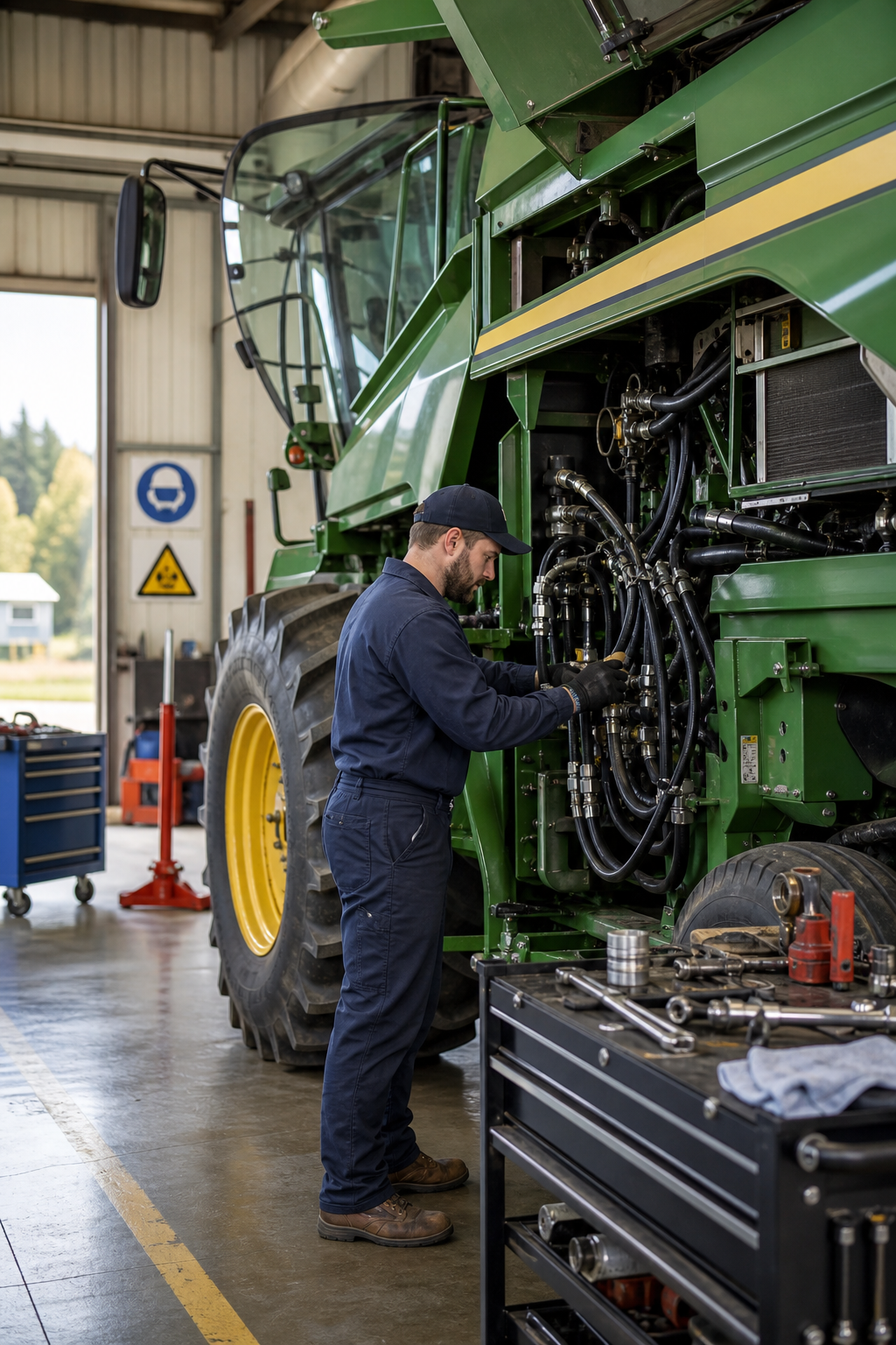 Technician diagnosing hydraulic lines on a large green combine harvester inside a clean professional farm equipment service bay
