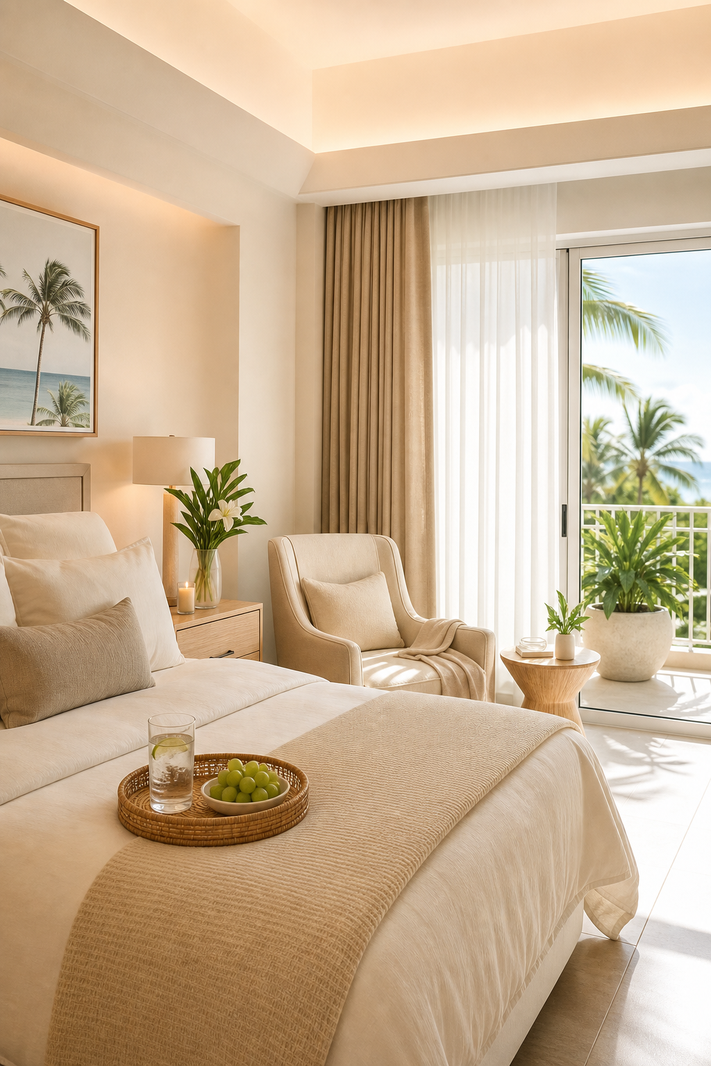 Warm, serene recovery suite with soft natural light, tropical greenery visible from a balcony, and a calm welcoming atmosphere for international patient arrival and rest