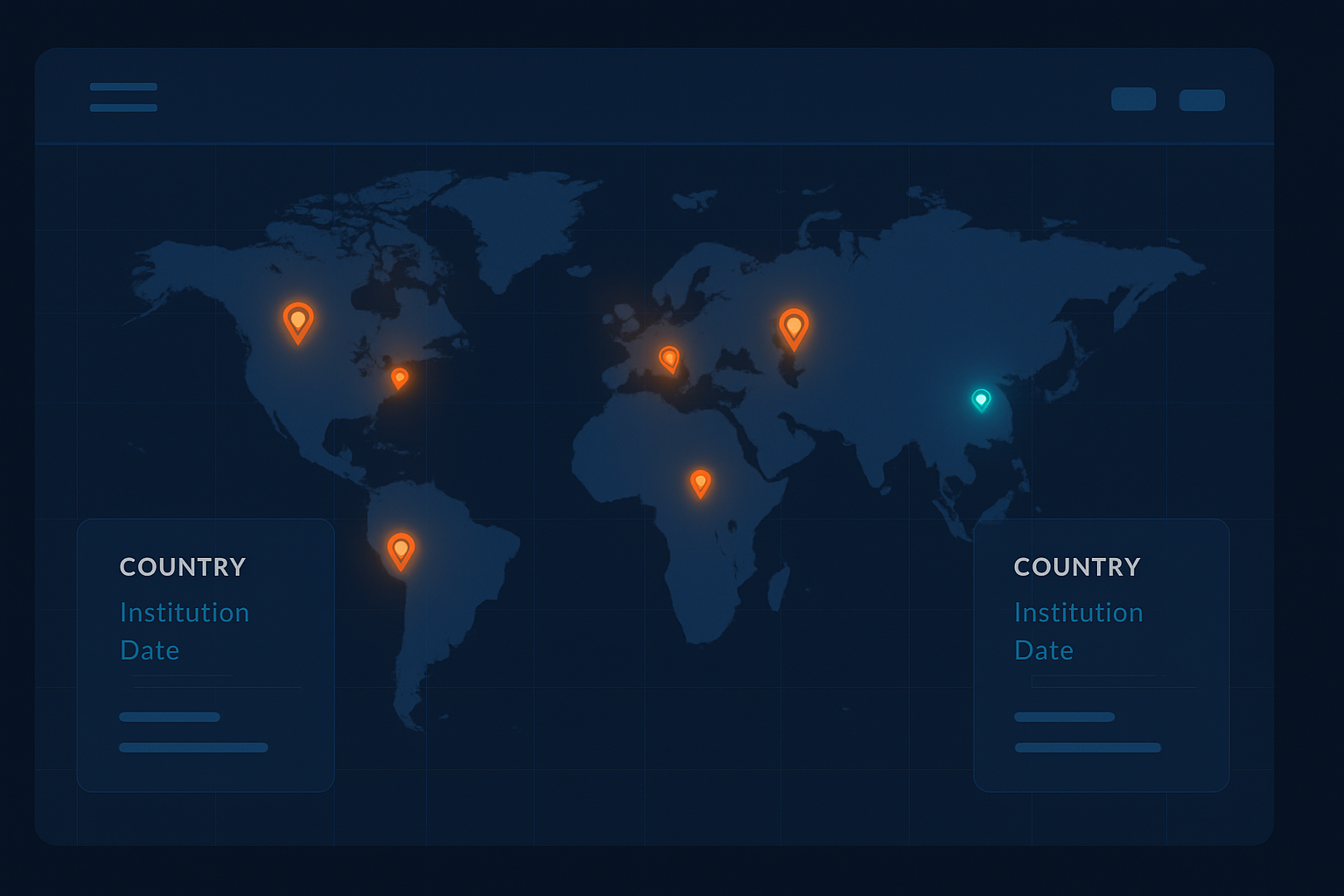 Dark blue world map interface with glowing orange and teal markers, data panels showing country names, institutions, and dates in a clean analytic UI