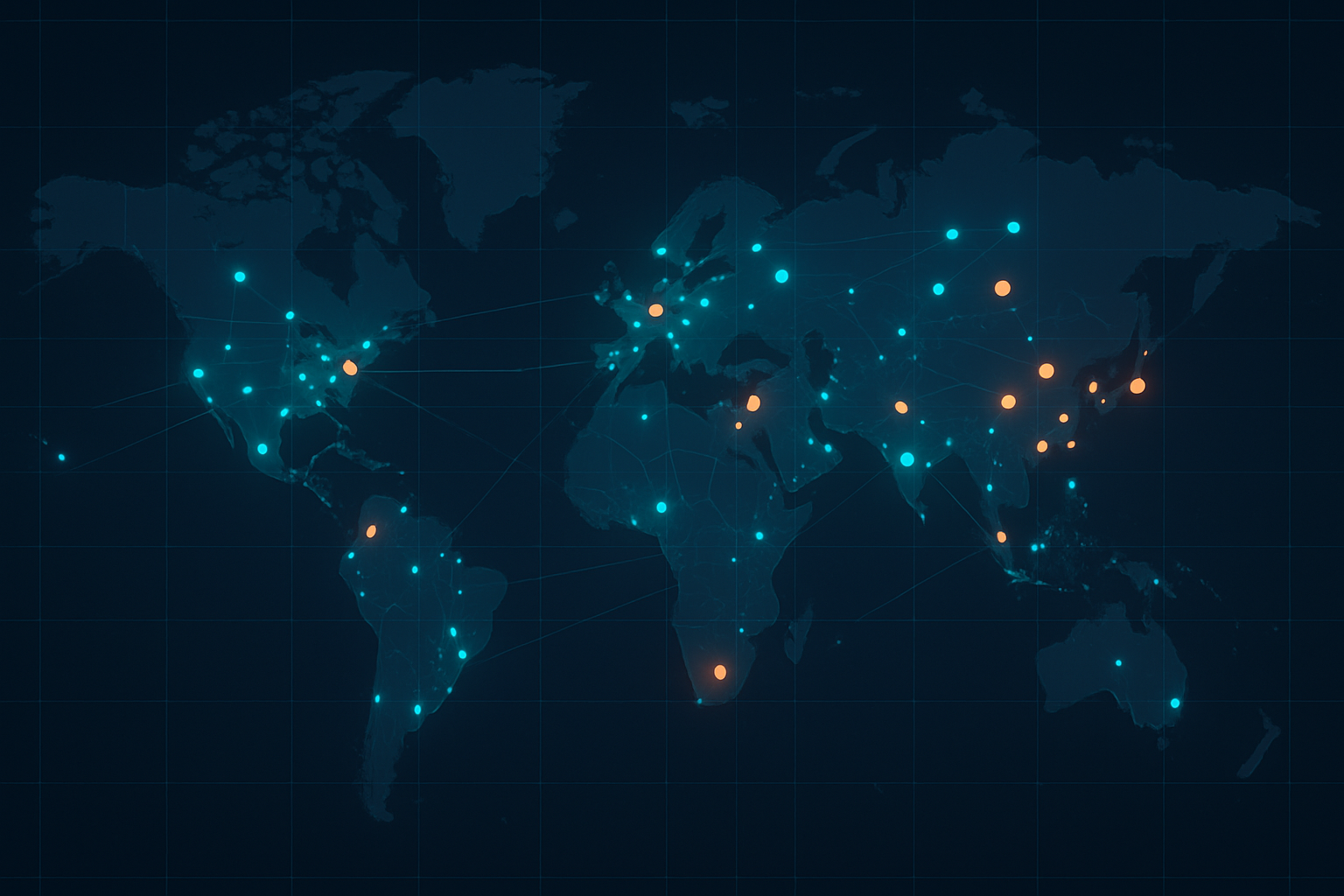 Abstract global map with networked data nodes and neutral analytic overlays