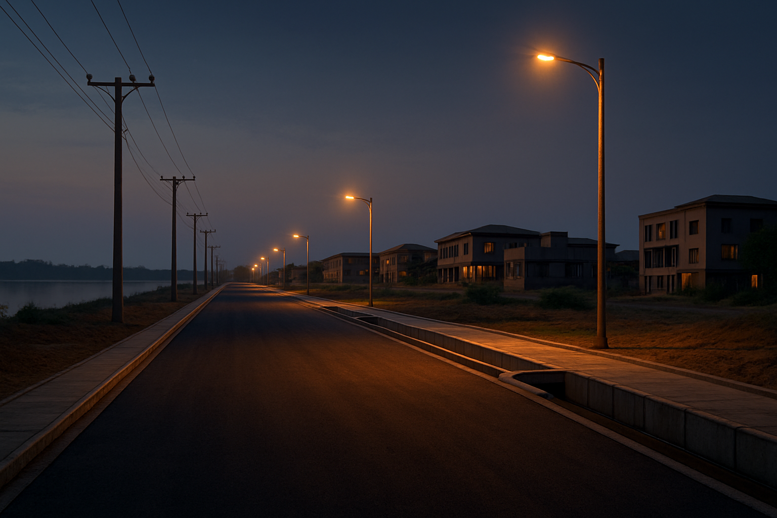 Early-evening community-facing infrastructure zone near Port Harcourt waterways with lit access roads, drainage channels, and organized construction perimeter