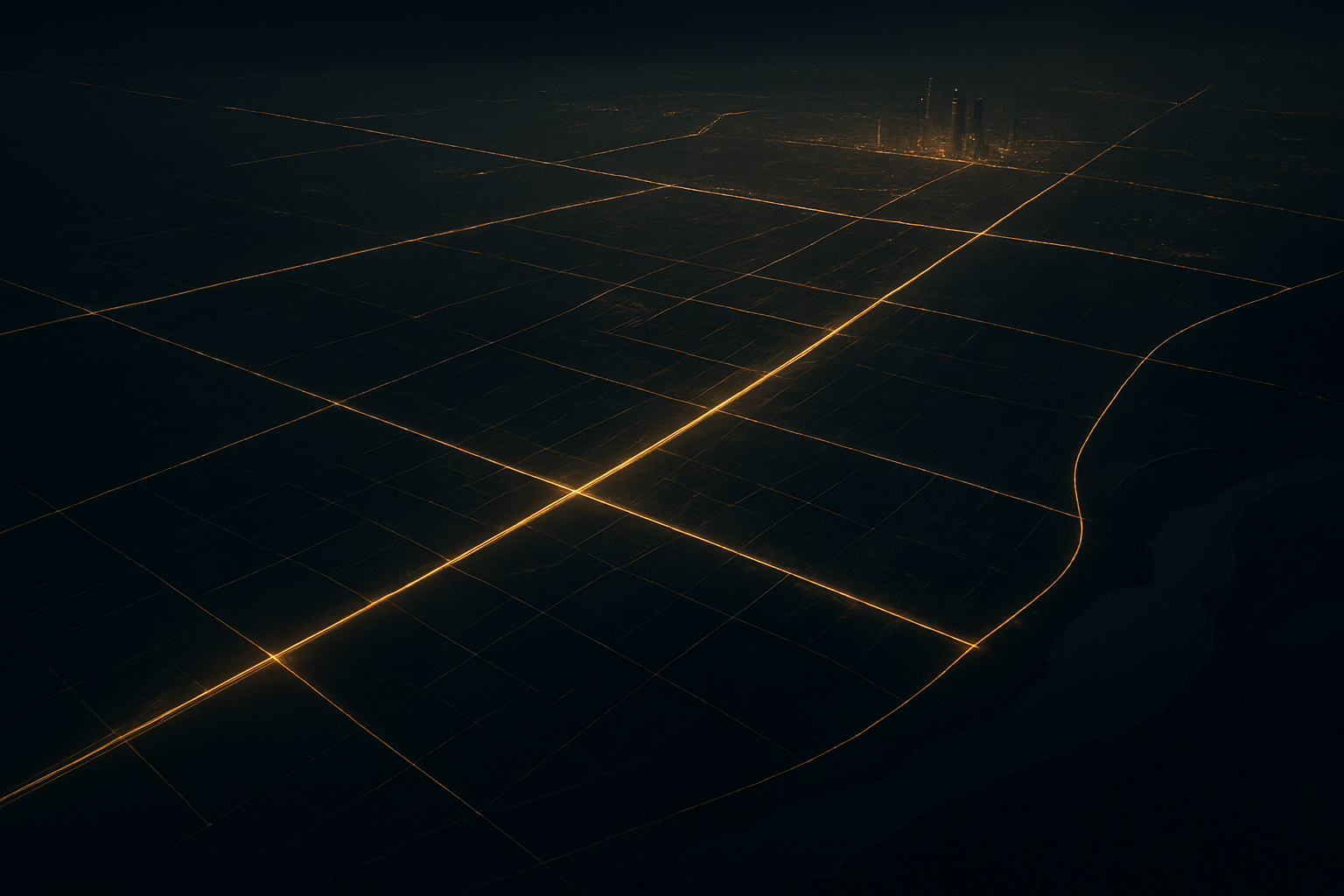 Expansive nighttime aerial view of a planned smart city landscape near Port Harcourt with illuminated arterial roads, district blocks, and atmospheric haze