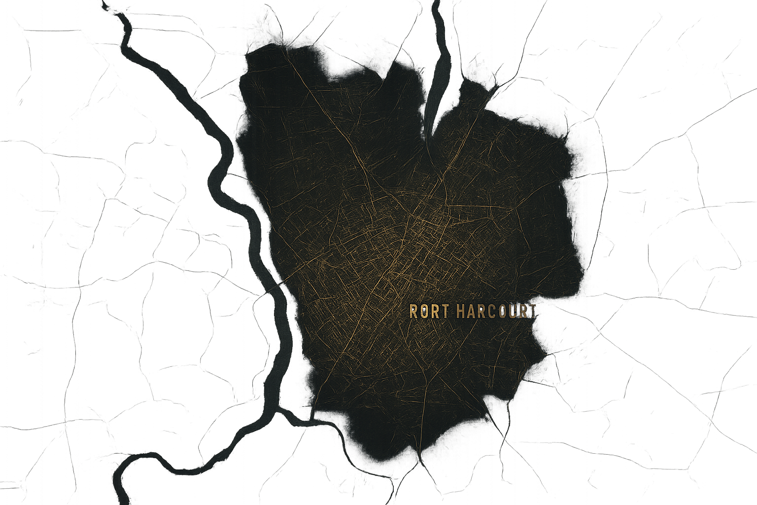 Top-down GIS-style map texture focused on Port Harcourt, Rivers State, Nigeria with visible urban blocks, waterways, and road network