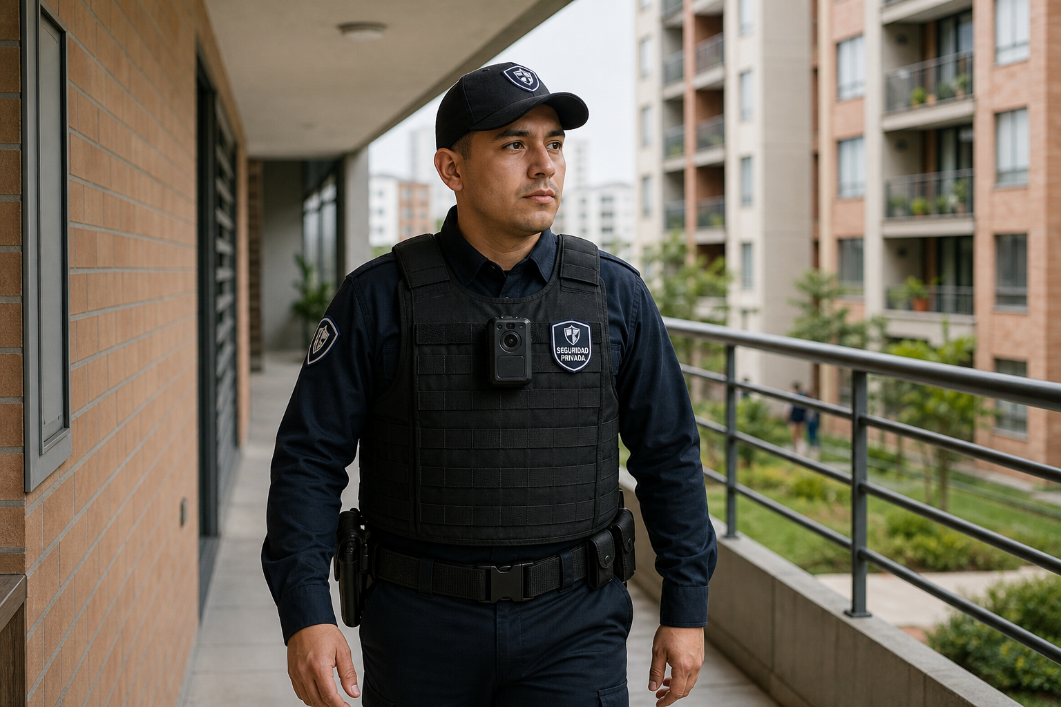 Vigilante en operación con bodycam en uniforme durante ronda de seguridad
