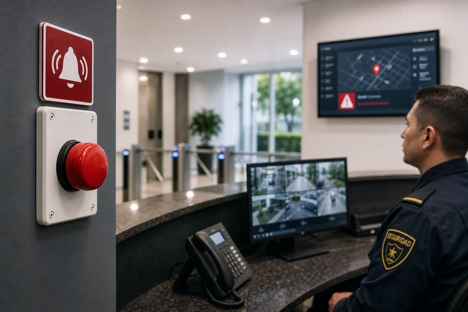 Botón físico de pánico en estación de seguridad con sistema de alerta inmediata