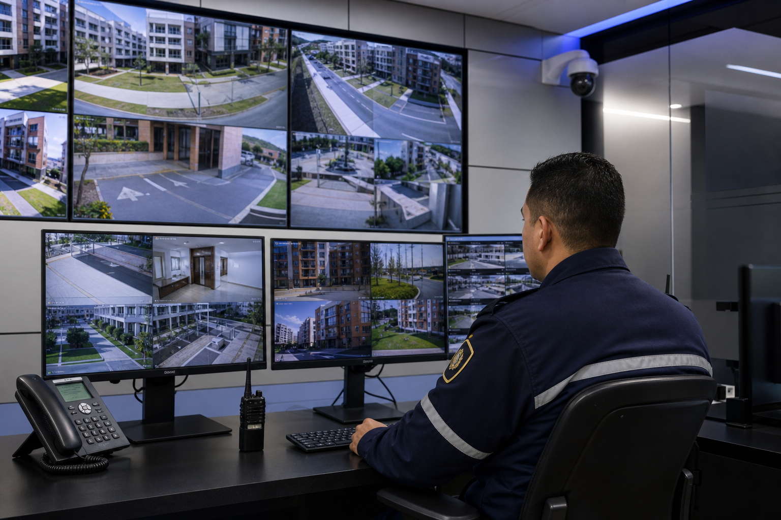 Monitoreo CCTV profesional en sala de control con pantallas múltiples y vigilancia centralizada