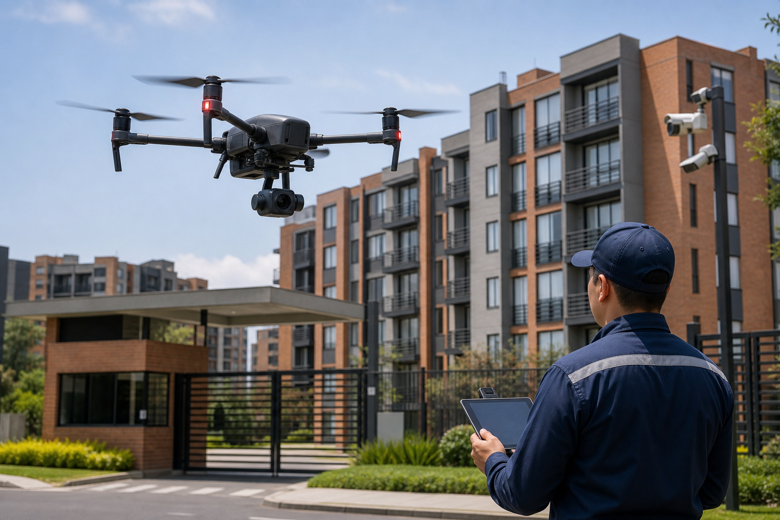 Dron de vigilancia en inspección perimetral sobre complejo residencial