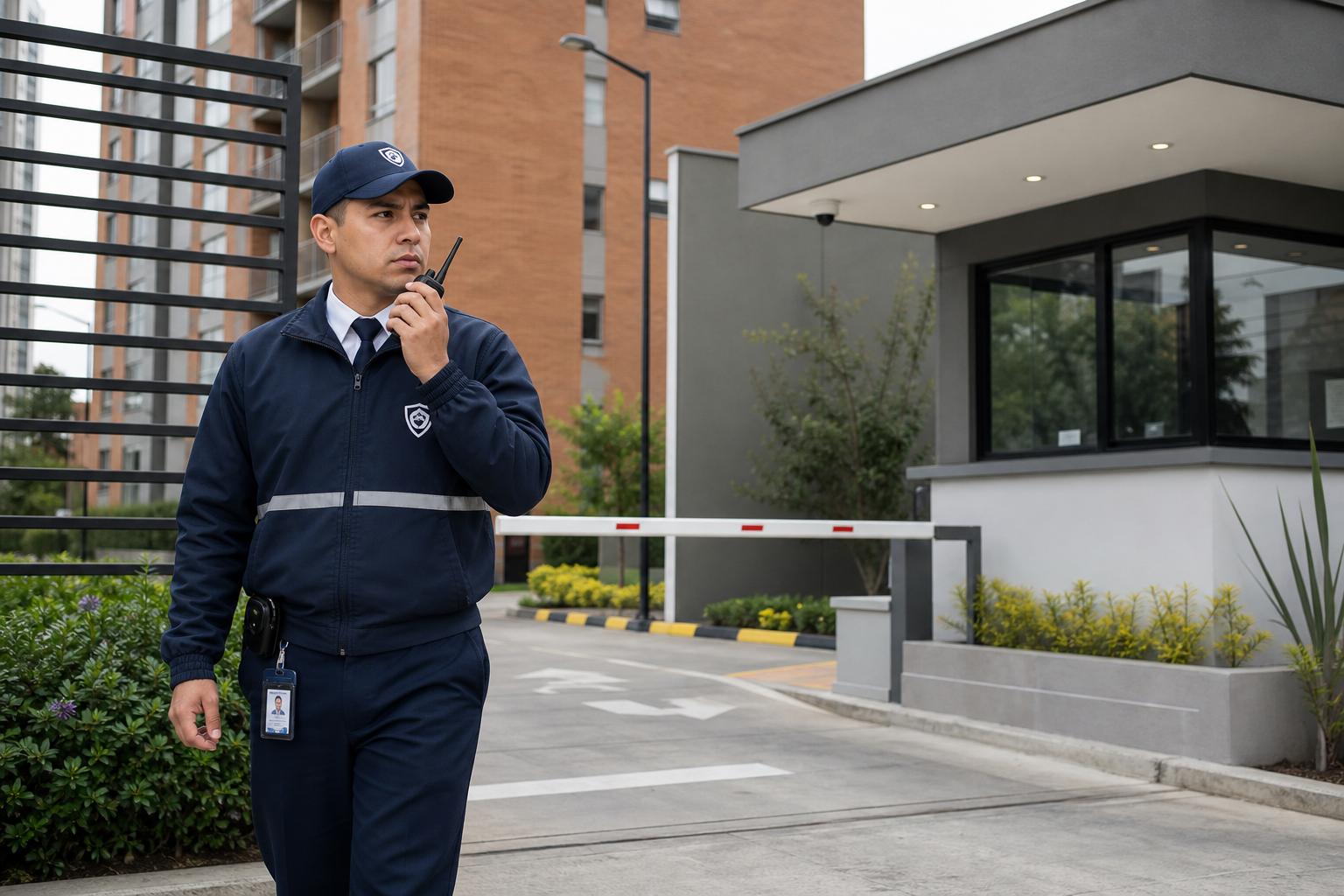 Guardia de seguridad privada en conjunto residencial de Colombia realizando ronda preventiva con uniforme corporativo y comunicación por radio