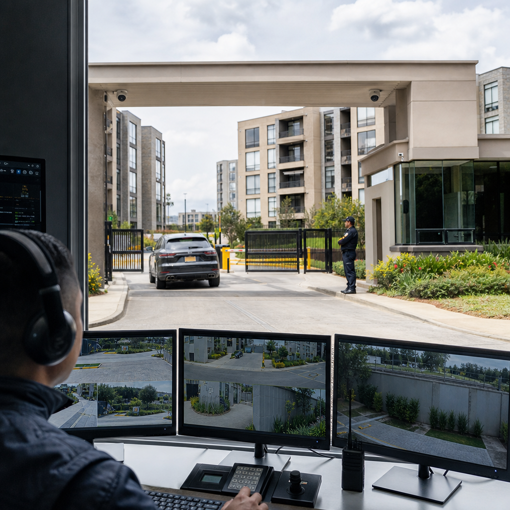 Conjunto residencial moderno en Colombia con vigilancia virtual y control de acceso activo
