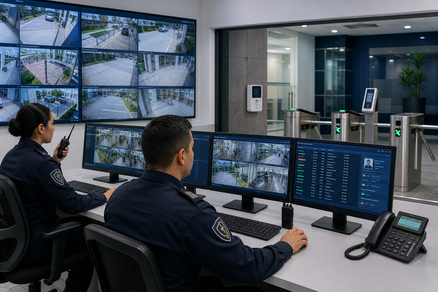 Centro moderno de monitoreo con pantallas de CCTV y torniquetes de acceso controlado