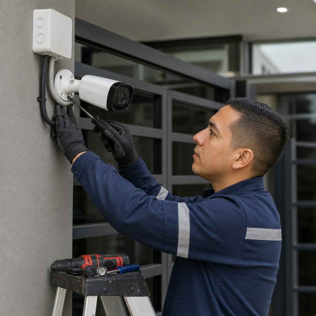 Técnico instalando equipos de seguridad electrónica y verificando conexión en sitio