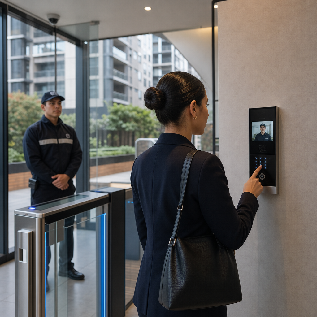 Acceso residencial moderno con video portero digital y control de ingreso en portería