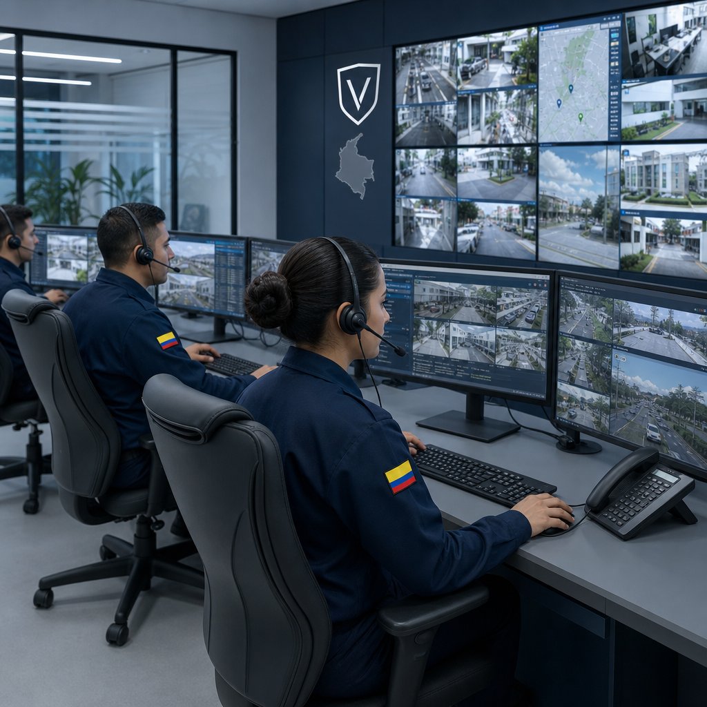 Centro de monitoreo con múltiples pantallas y operadores supervisando cámaras de seguridad en tiempo real