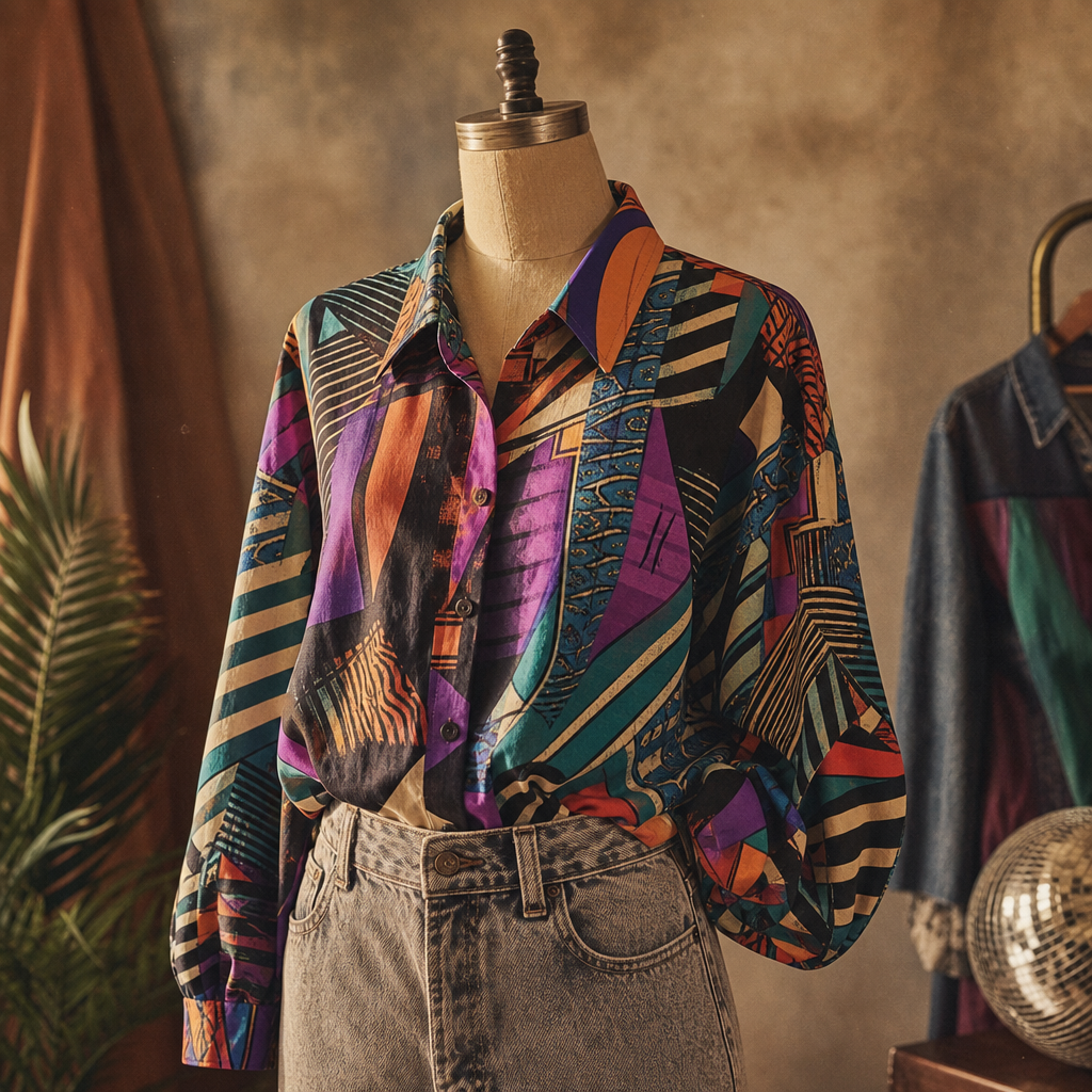 Bold geometric print shirt with effortless 80s nightlife energy.