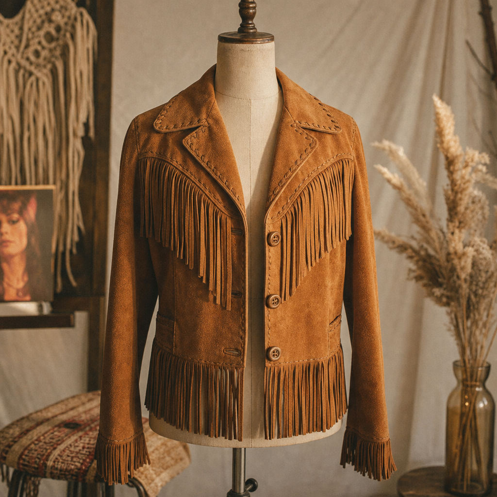 Soft caramel suede with fringe detailing and a true 70s silhouette.